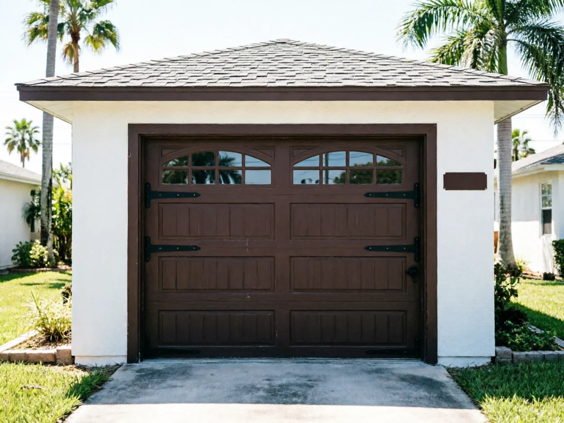 The brown garage door has decorative black hinges and windows with grids.