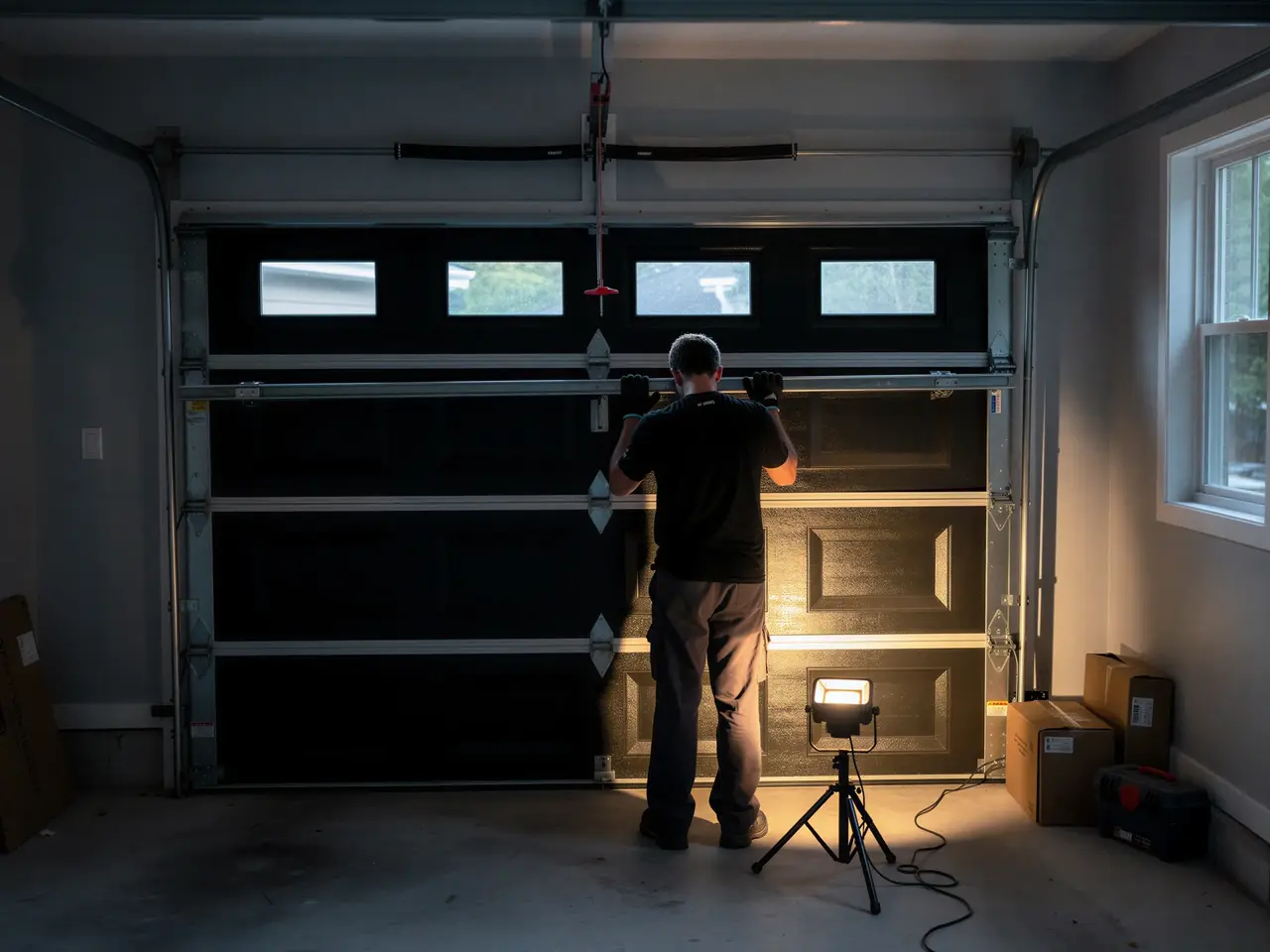 A technician works on a black garage door with windows, lit by a work light.