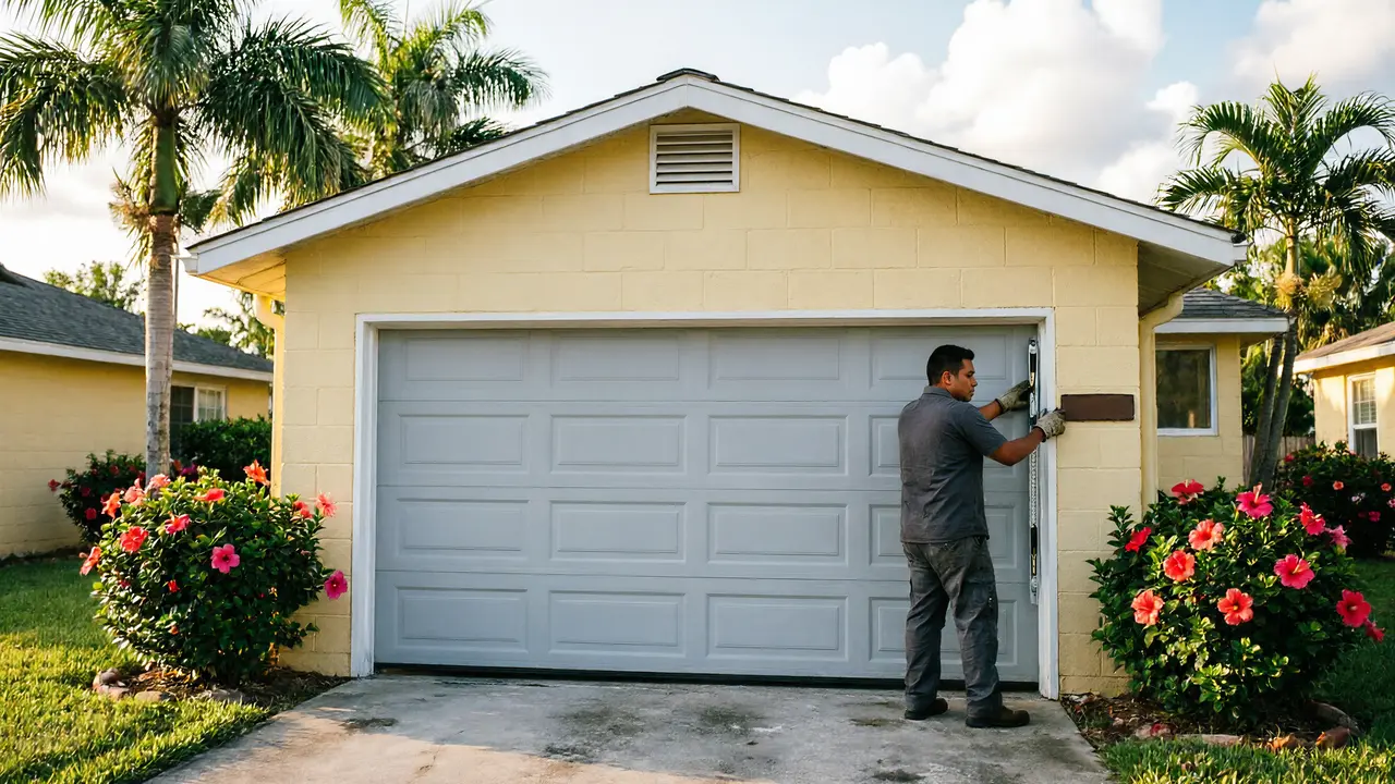 A technician in gloves works on the side of a gray garage door on a yellow house.