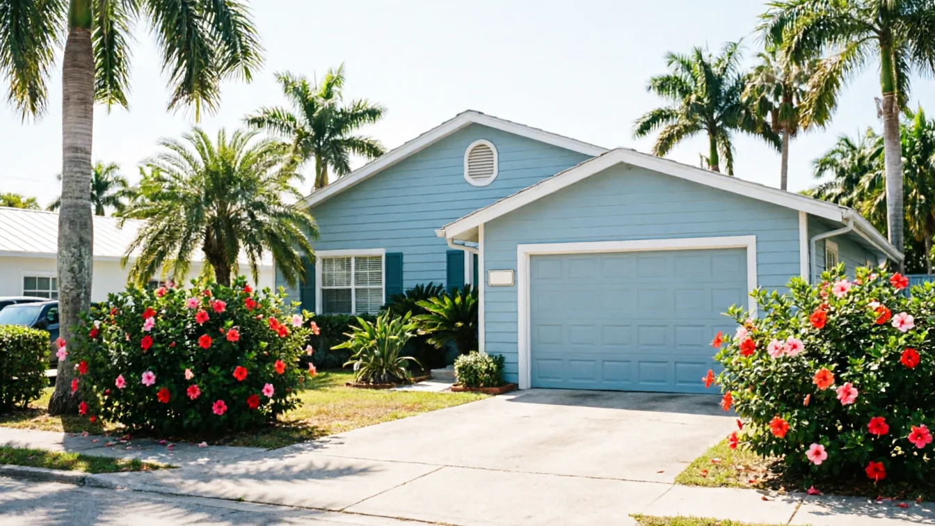 A light blue house has a matching garage door and green shutters.