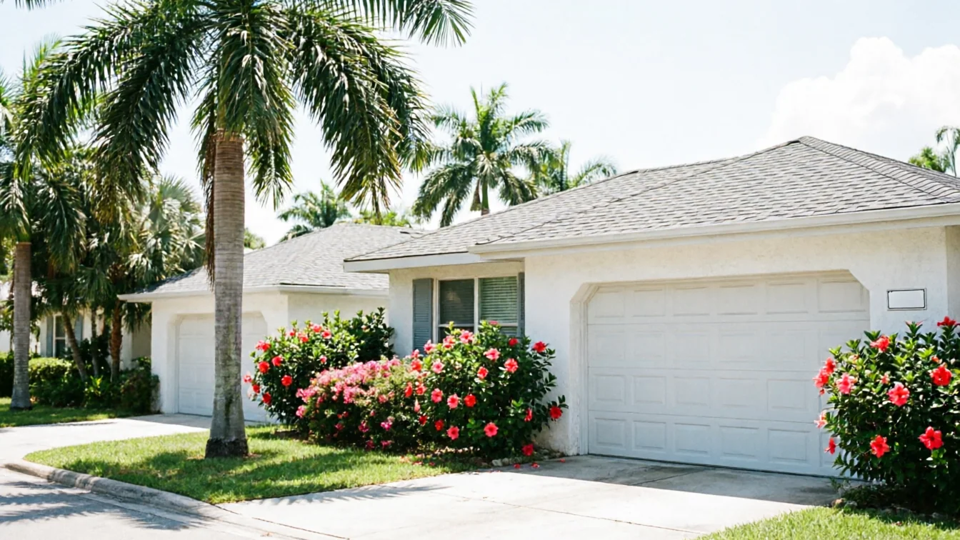 The house has a white garage door, white walls, and a gray roof.