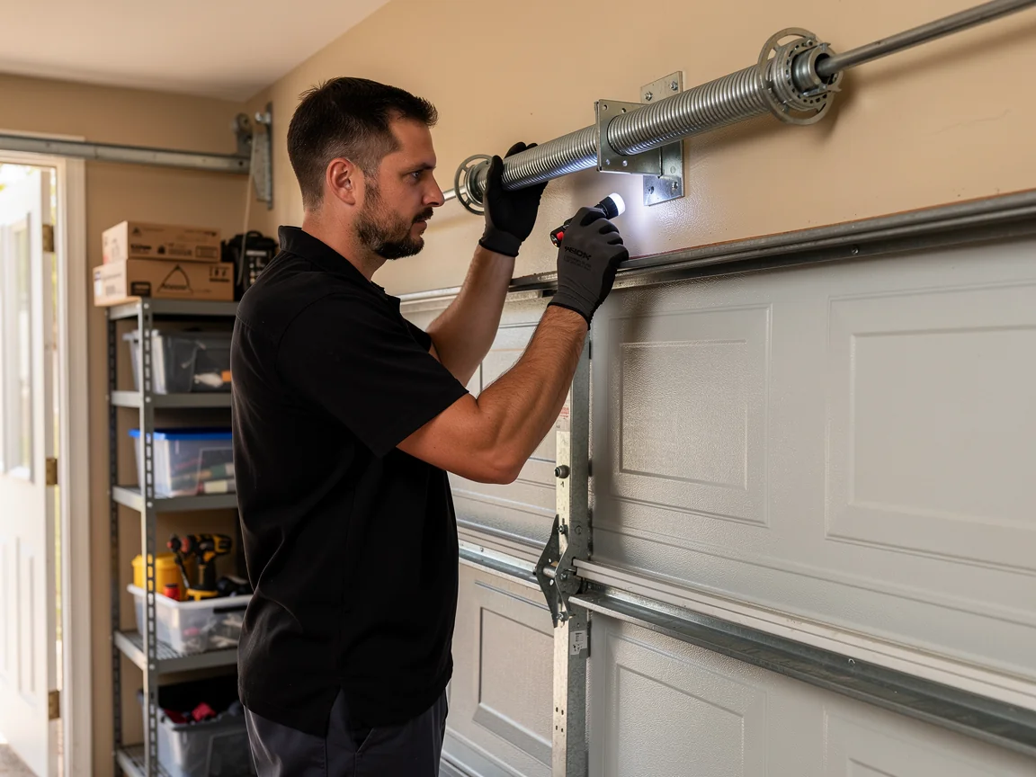 A technician shines a flashlight on a torsion spring above a white garage door.